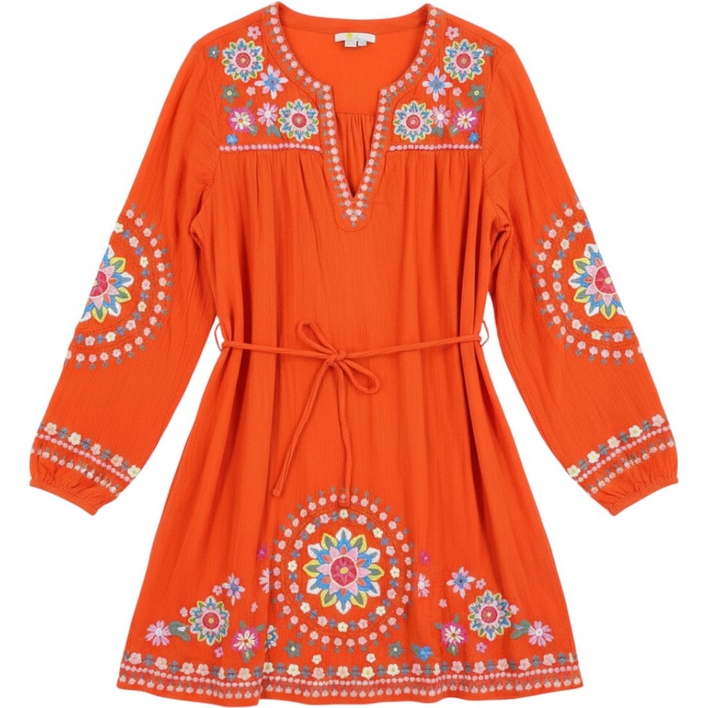 Boden‎ Embroidered Tunic Dress Orange US 8R Boho Floral Peasant Long Sleeve